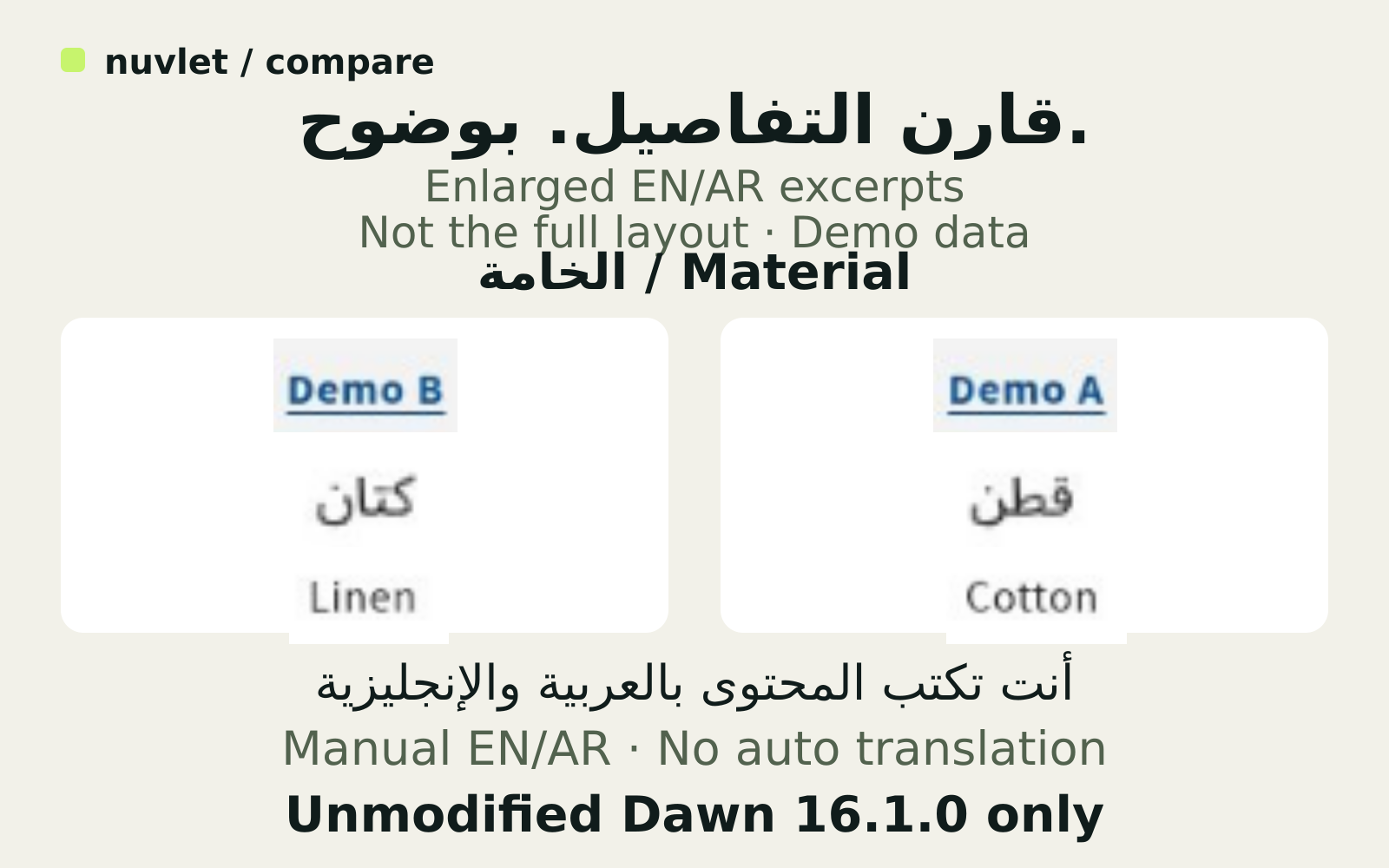 Nuvlet Compare marketing layout showing an actual English comparison section with three fictional demo products.