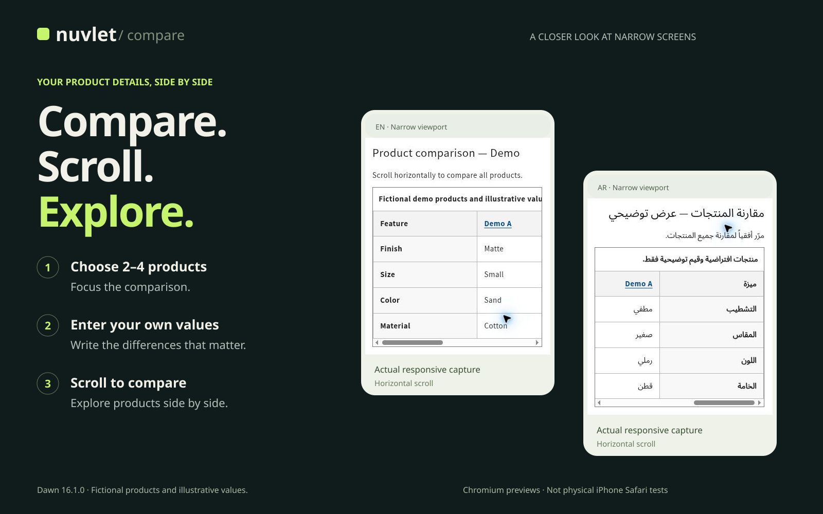 Actual narrow-screen English and Arabic comparison captures showing horizontal scrolling.